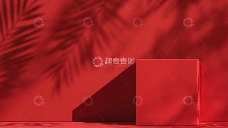 高清大图下载【趣麦麦图】红色背景上的几何形体与植物阴影
