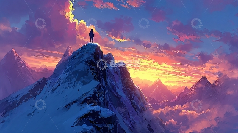 高清大图下载【趣麦麦图】一人站在雪山之巅仰望绚丽天空