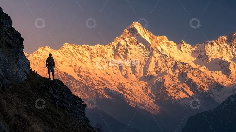 高清大图下载【趣麦麦图】一人站在山崖上眺望雪山