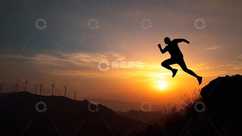 高清大图下载【趣麦麦图】剪影人物在日落时跳跃山丘