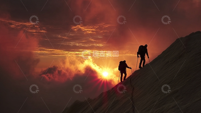 高清大图下载【趣麦麦图】登山者在日出时攀登雪山