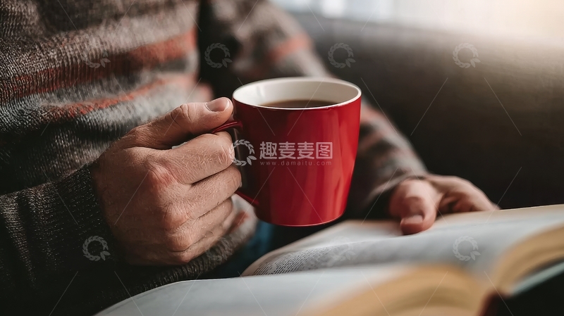 高清大图下载【趣麦麦图】人手捧红色杯子阅读书籍