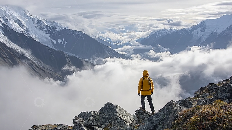 高清大图下载【趣麦麦图】登山者站在山顶俯瞰云海