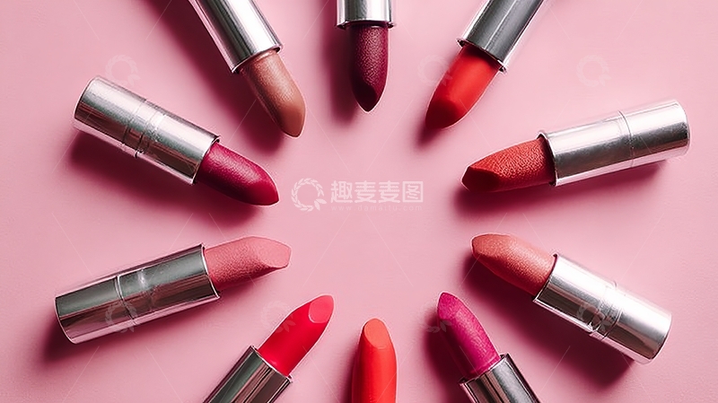 高清大图下载【趣麦麦图】多色口红排列在粉色背景上