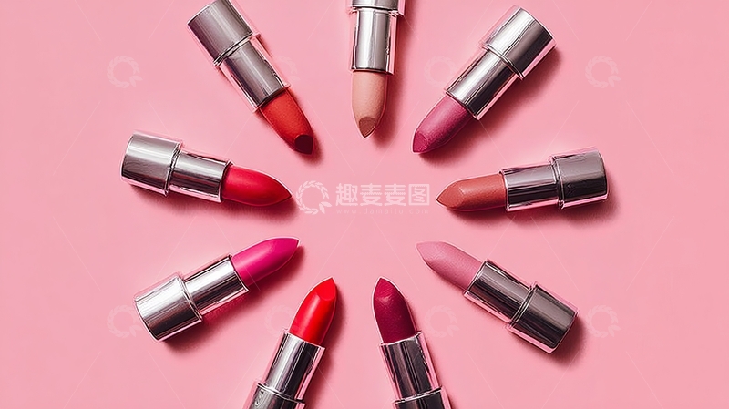 高清大图下载【趣麦麦图】多色口红排列在粉色背景上