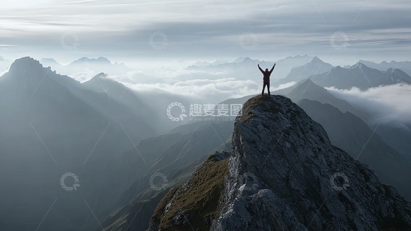 高清大图下载【趣麦麦图】一人站在山顶张开双臂
