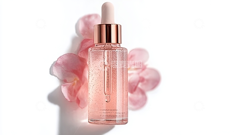 高清大图下载【趣麦麦图】粉色瓶装精华液置于花瓣旁