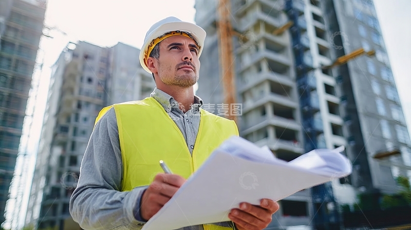 高清大图下载【趣麦麦图】建筑工人在工地查看图纸