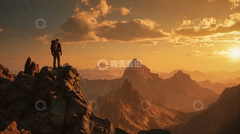 高清大图下载【趣麦麦图】登山者站在山顶眺望日落
