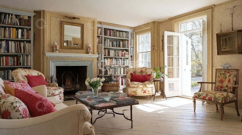 高清大图下载【趣麦麦图】明亮客厅内有书架壁炉和花卉沙发