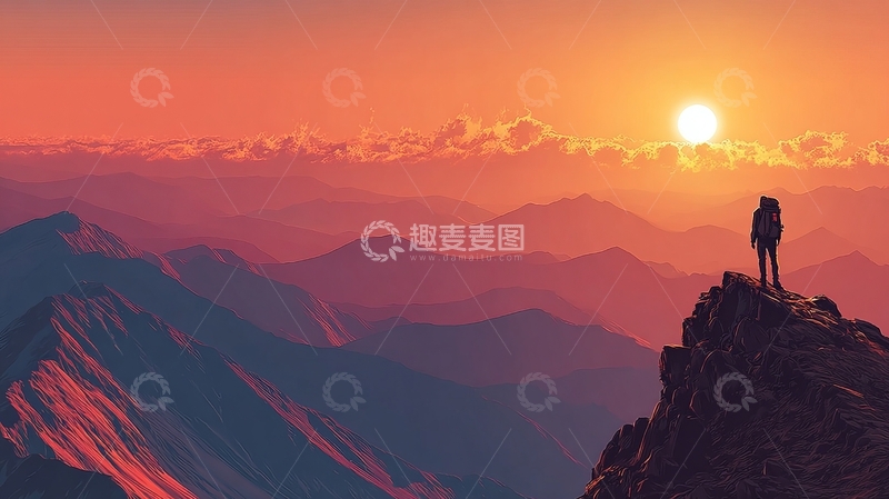 高清大图下载【趣麦麦图】登山者在山顶观赏日落