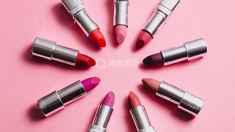 高清大图下载【趣麦麦图】多色口红排列在粉色背景上