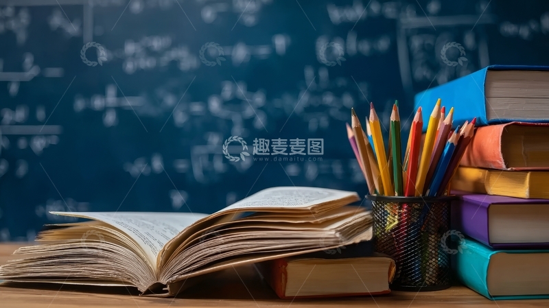 高清大图下载【趣麦麦图】书本铅笔和黑板上的数学公式