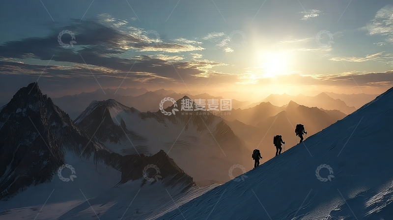 高清大图下载【趣麦麦图】登山者在雪山顶峰迎接日出