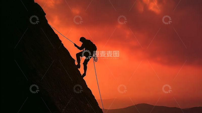 高清大图下载【趣麦麦图】攀岩者在夕阳下攀登峭壁