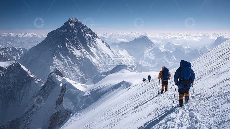 高清大图下载【趣麦麦图】登山者在雪山峰顶前行