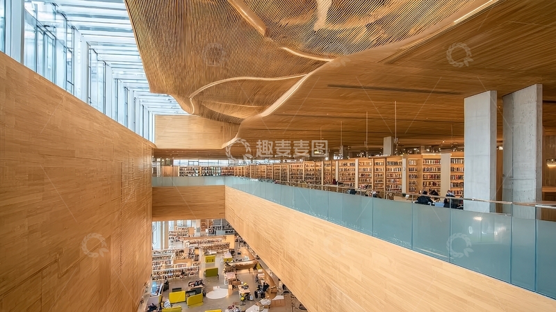 高清大图下载【趣麦麦图】现代图书馆内部木质结构设计