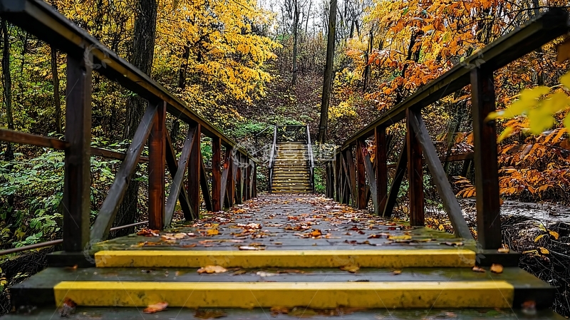 高清大图下载【趣麦麦图】秋日森林中的木质台阶桥