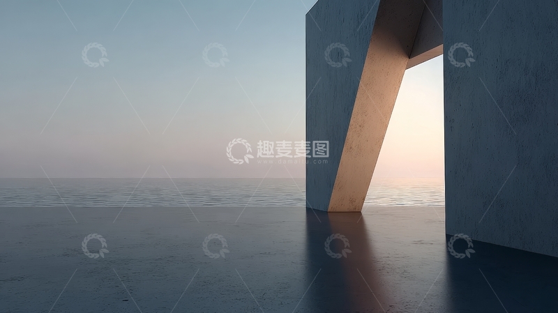 高清大图下载【趣麦麦图】混凝土结构与海面日出景象
