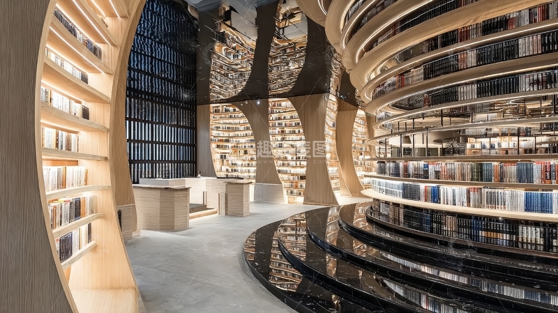 高清大图下载【趣麦麦图】现代图书馆内部螺旋书架设计