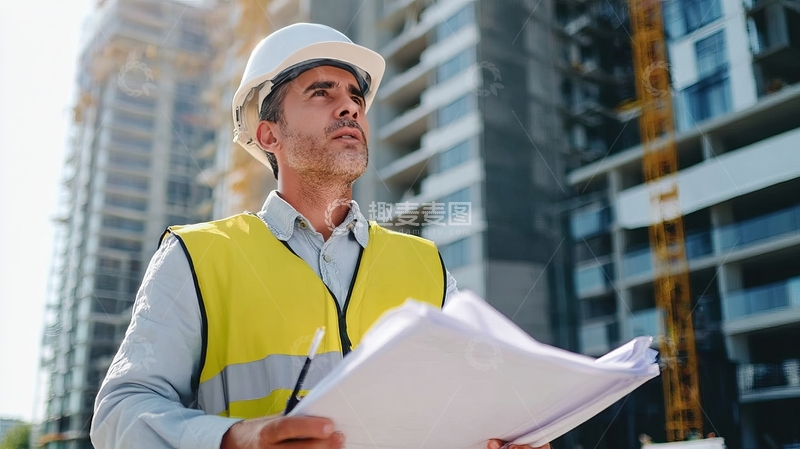 高清大图下载【趣麦麦图】建筑工人在工地查看图纸