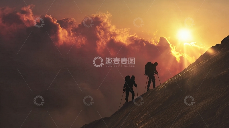 高清大图下载【趣麦麦图】登山者在日落时攀登雪山