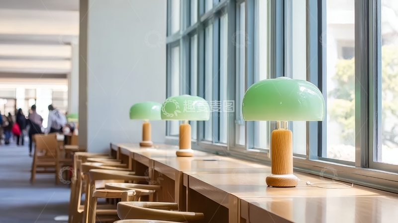 高清大图下载【趣麦麦图】图书馆内木质长桌与绿色台灯