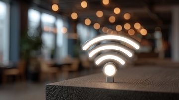 发光的无线网络符号置于桌面上