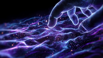 手指触碰发光的数字波浪表面