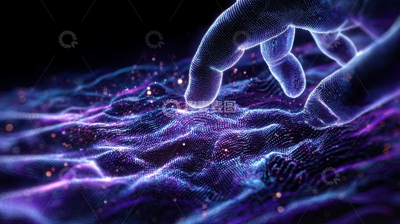 高清大图下载【趣麦麦图】手指触碰发光的数字波浪表面
