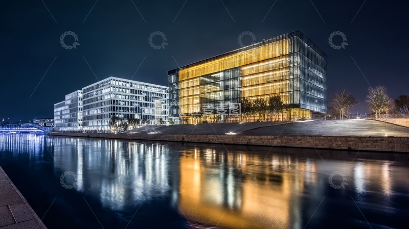 高清大图下载【趣麦麦图】夜晚灯光下的现代建筑群倒映在水中