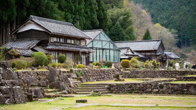 高清大图下载【趣麦麦图】传统日式建筑与石墙庭院