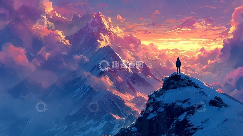 高清大图下载【趣麦麦图】一人站在雪山之巅仰望霞光
