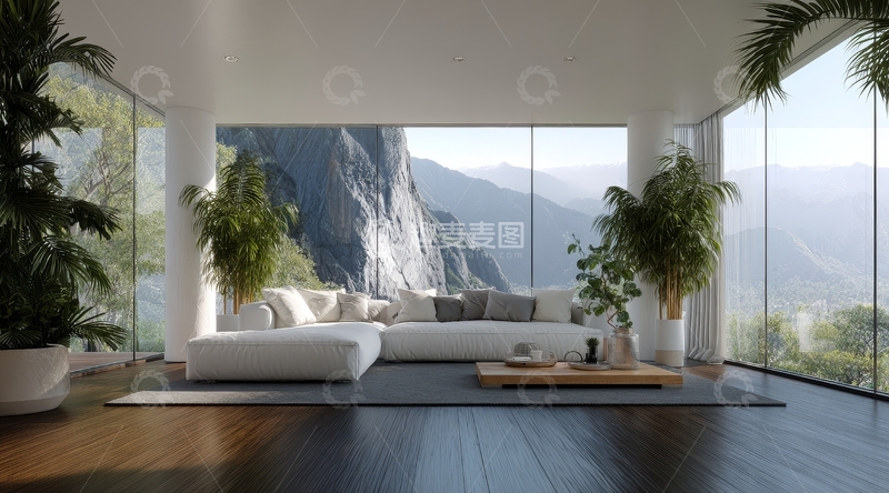 高清大图下载【趣麦麦图】现代客厅全景窗山景