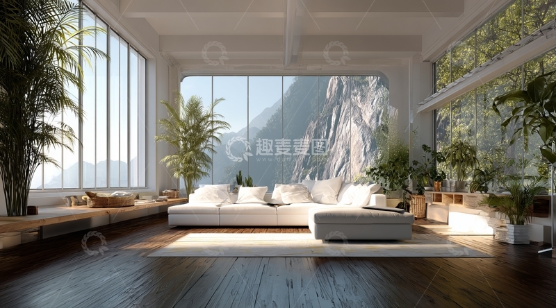 高清大图下载【趣麦麦图】现代客厅全景落地窗山景