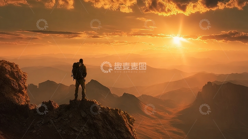 高清大图下载【趣麦麦图】登山者站在山顶眺望日落