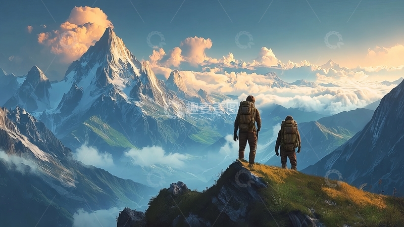 高清大图下载【趣麦麦图】两人站在山巅眺望雪山云海