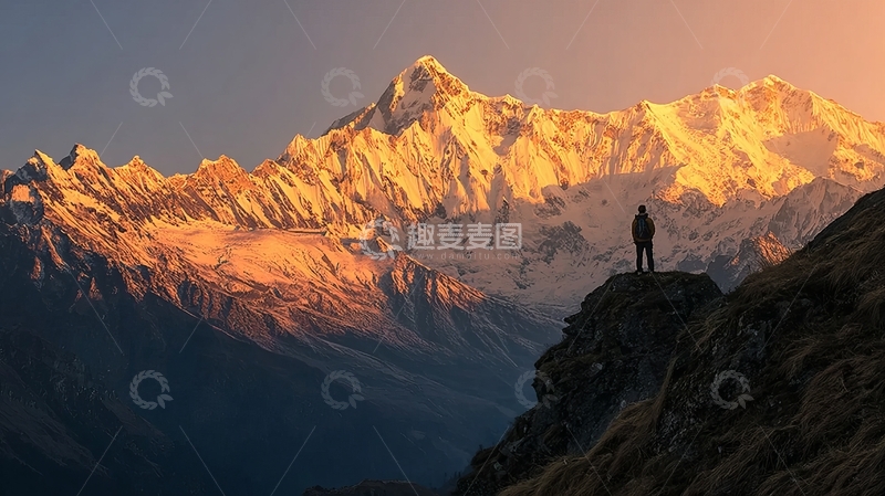 高清大图下载【趣麦麦图】一人站在山崖上眺望雪山