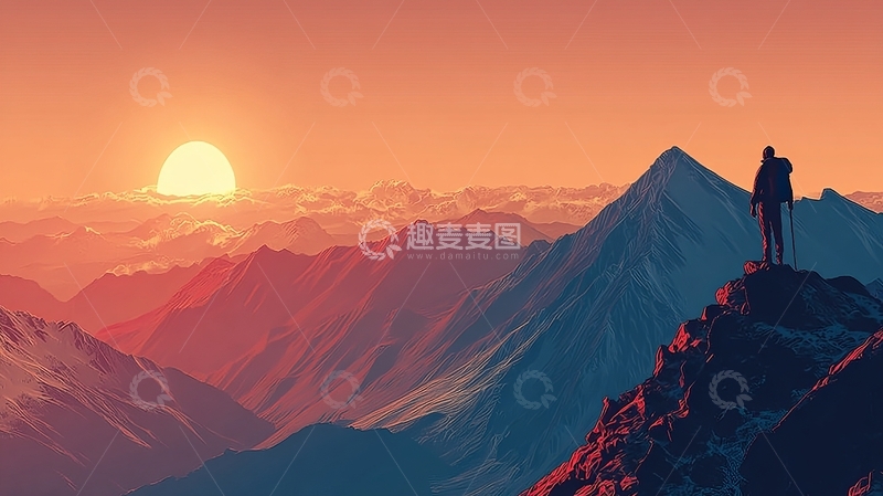 高清大图下载【趣麦麦图】登山者在日出时眺望雪山