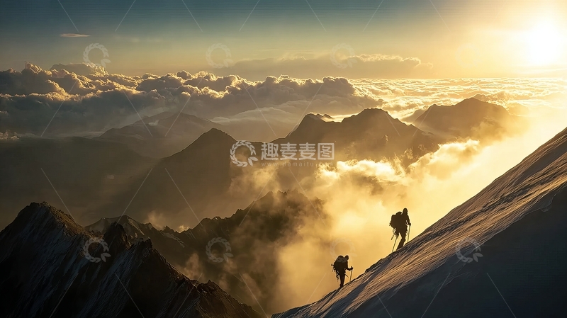 高清大图下载【趣麦麦图】登山者在雪山之巅行走