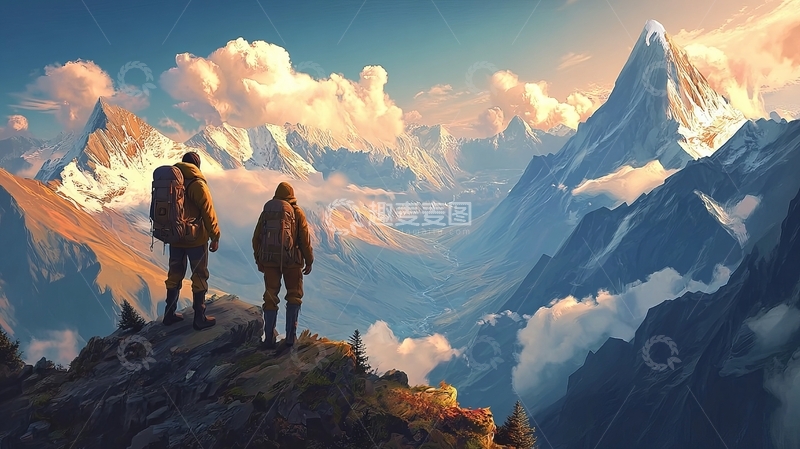 高清大图下载【趣麦麦图】两人站在山巅眺望雪山