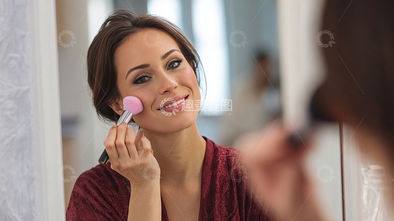 女子在镜子前使用化妆刷