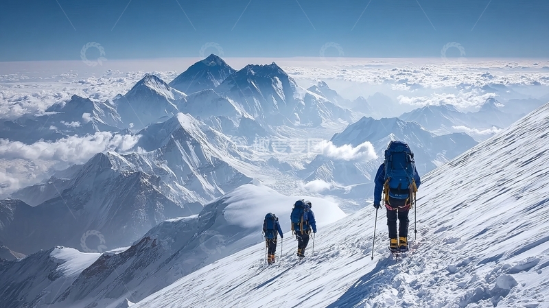 高清大图下载【趣麦麦图】登山者在雪山之巅前行