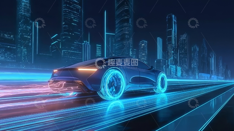 高清大图下载【趣麦麦图】未来城市中疾驰的发光跑车