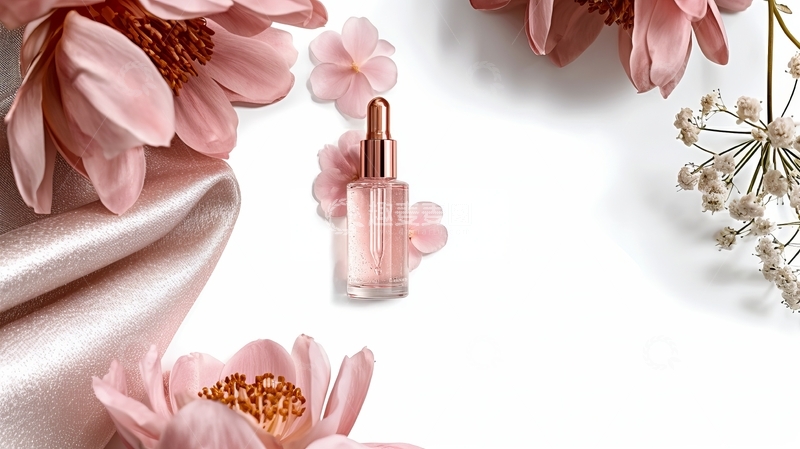 高清大图下载【趣麦麦图】粉色花朵环绕的玻璃滴管瓶