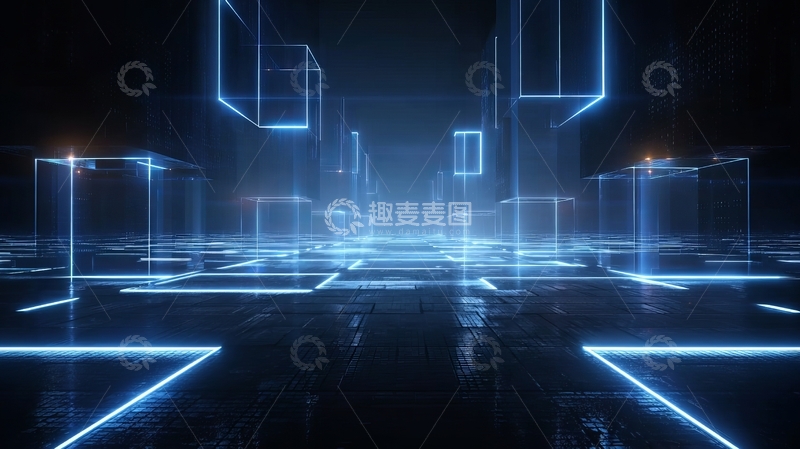 高清大图下载【趣麦麦图】蓝色光线条构成的未来科技空间
