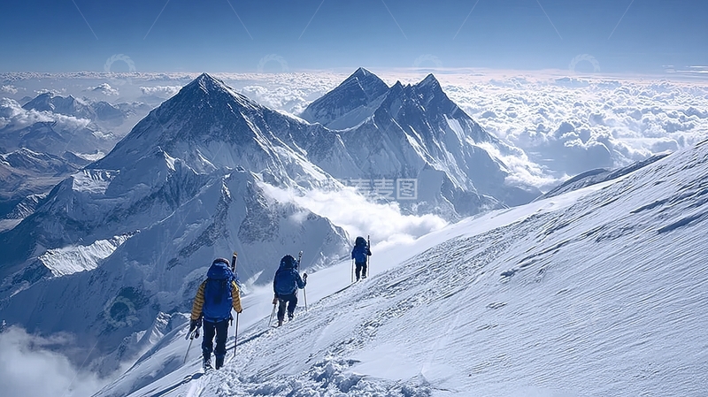 高清大图下载【趣麦麦图】登山者在雪山之巅前行