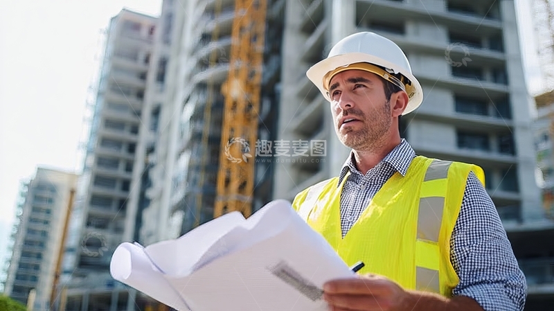 高清大图下载【趣麦麦图】建筑工人查看施工图纸