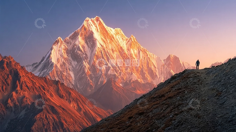 高清大图下载【趣麦麦图】一人站在山脊眺望雪山