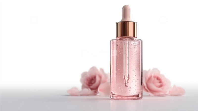 高清大图下载【趣麦麦图】粉色玻璃瓶装精华液置于玫瑰花旁